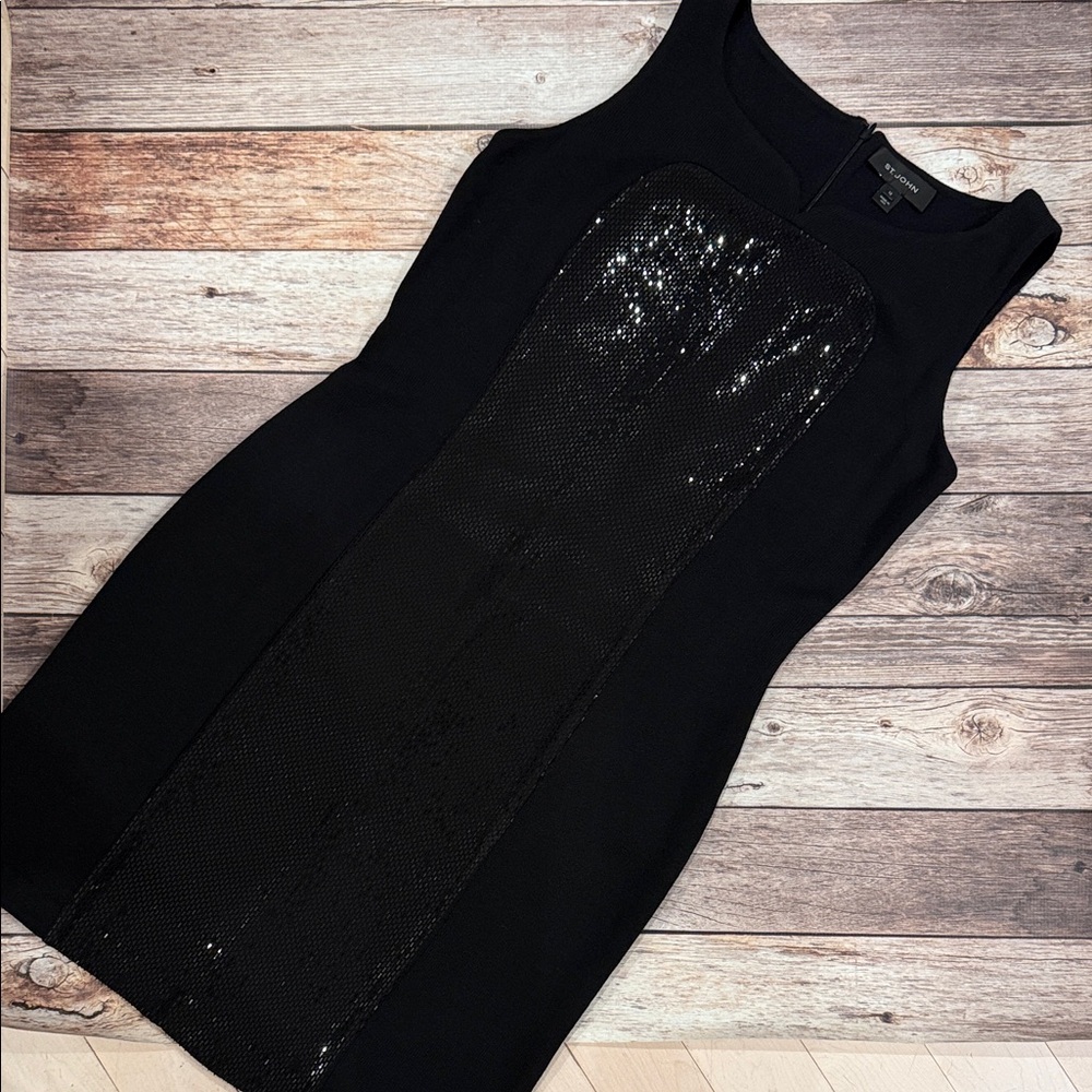 St. John Collection Black Shimmer Sheath Elegant Sleeveless Dress Size 12